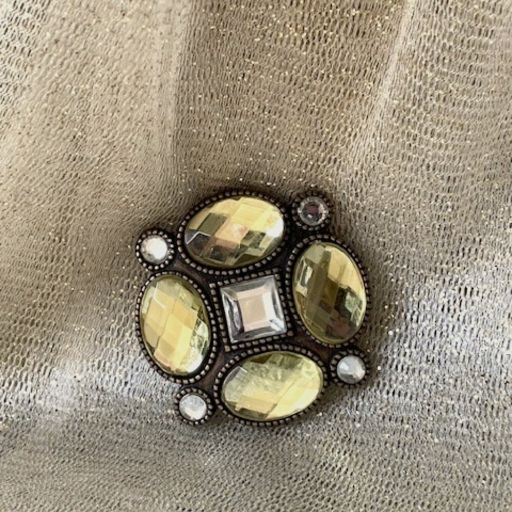 Vintage brooch, large clear & yellow glass stones, bronze setting